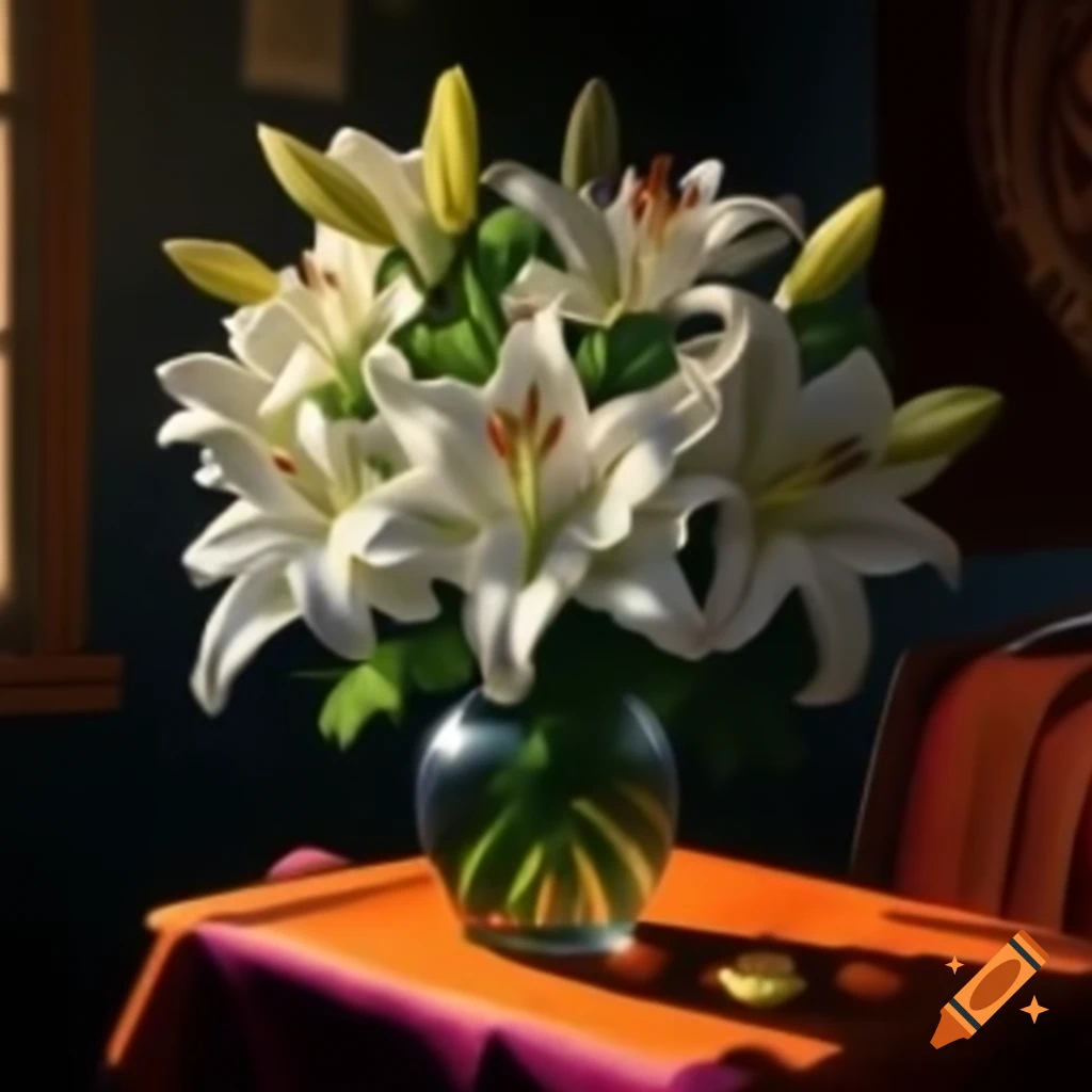 White lilies in vase illuminated by warm sunlight against vintage tapestry