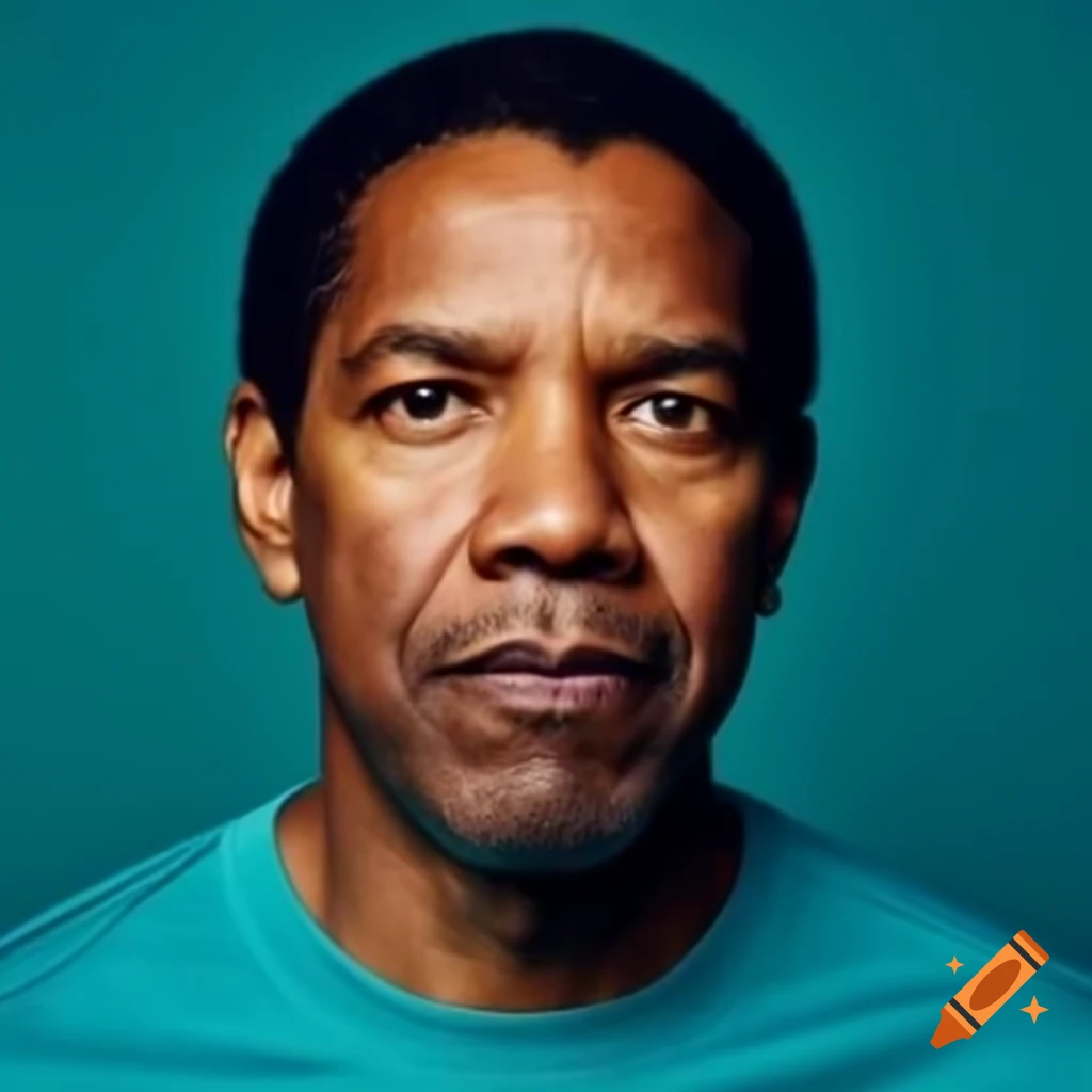 Denzel Washington in teal t-shirt against teal background