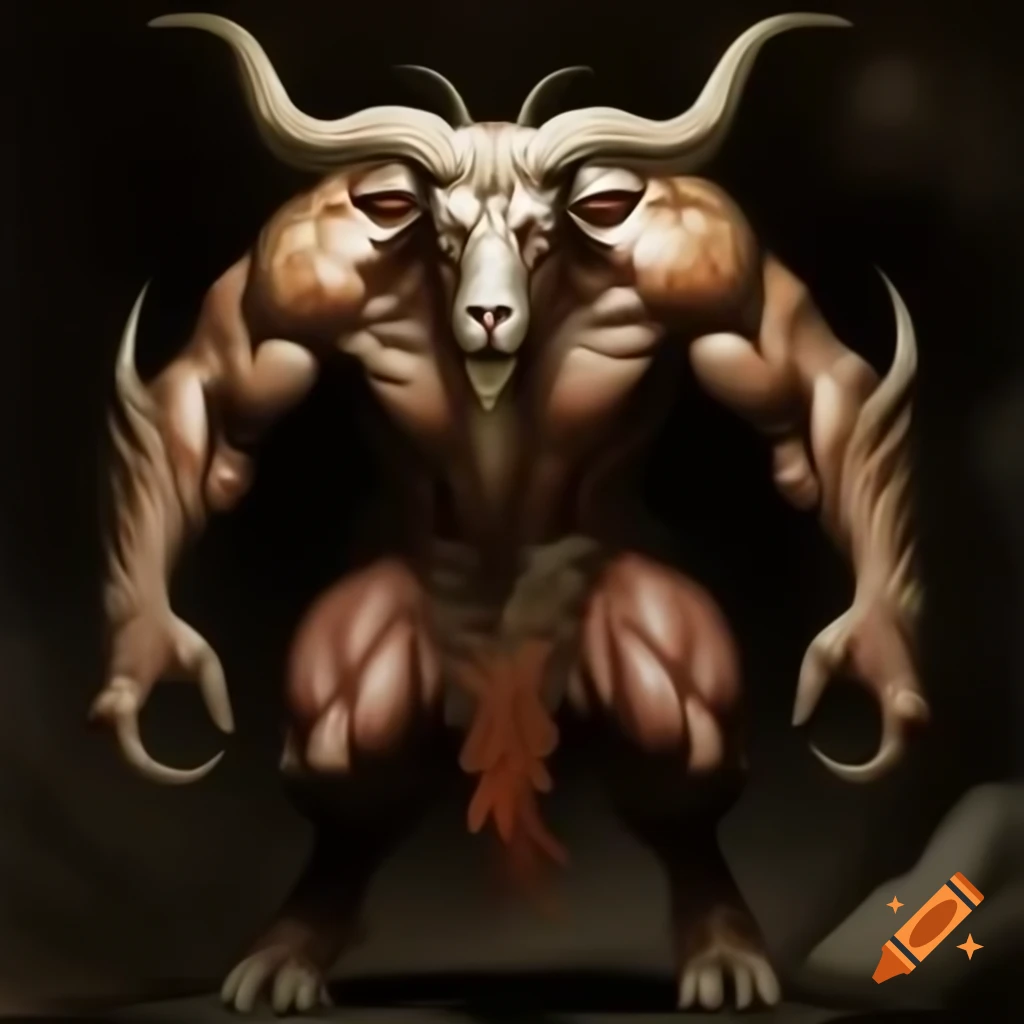 Goat-headed demon with large horns and muscular build in standing posture, 4k oil painting