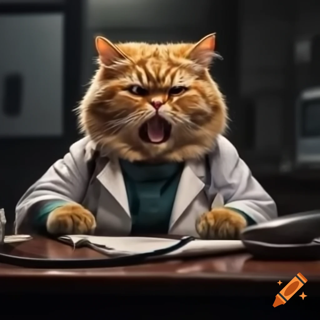 Angry yellow cat in doctor's uniform checking blood pressure of human patient