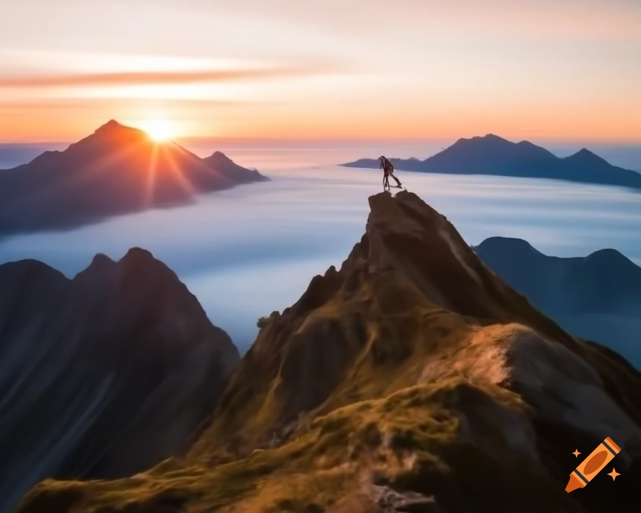 Runner in the Alps at sunrise with mist and breathtaking mountain views