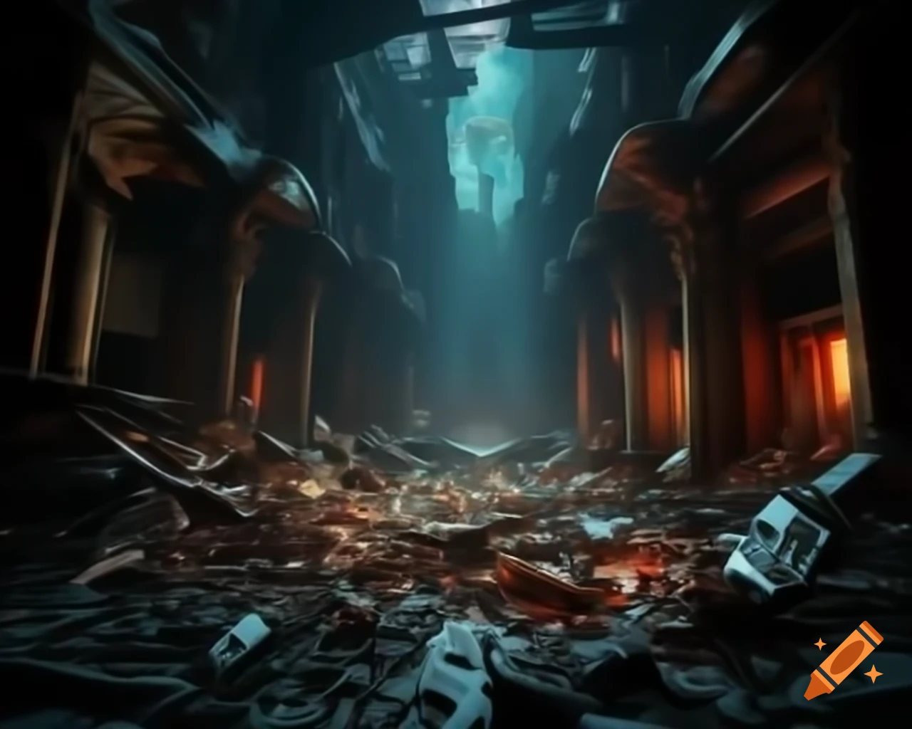 Ultra-realistic depiction of a post-apocalyptic world in darkness and ruin