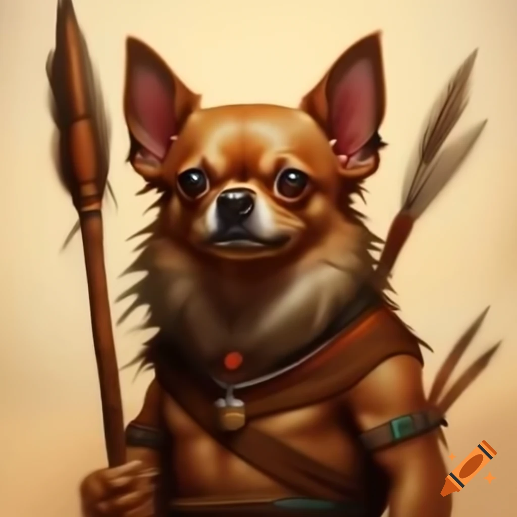 Hyper realistic anthropomorphic chihuahua in tribal clothing wielding spear in Simon Bisley art style