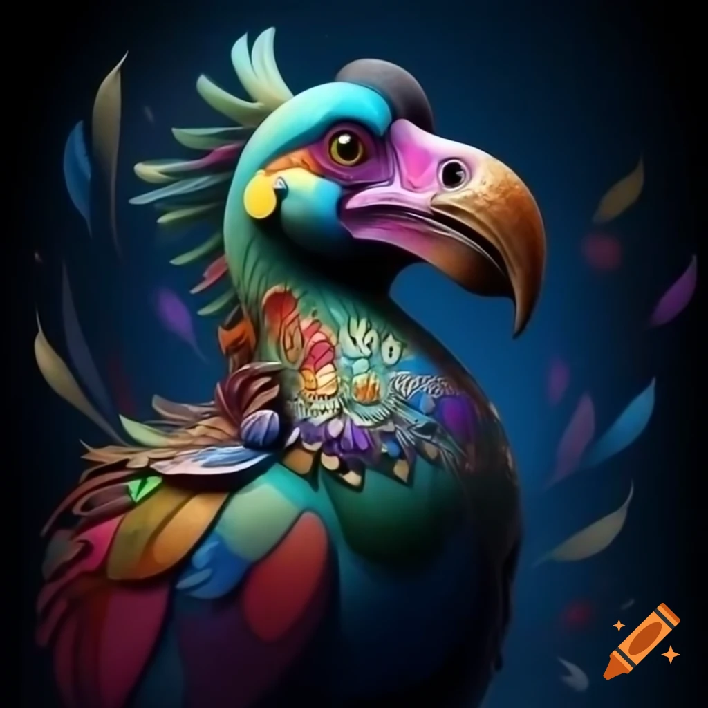Colorful dodo with sparkling eyeshadow and elaborate jewelry among flowing feathers