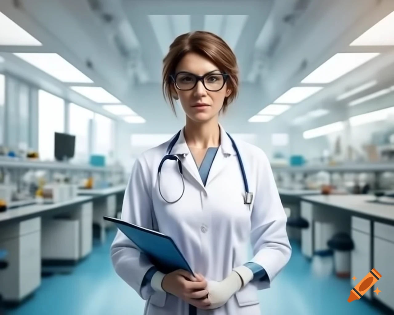 Middle-aged female scientist in lab coat and glasses, holding instruments