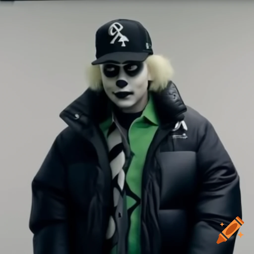Beetlejuice character in black puffer jacket and baseball cap