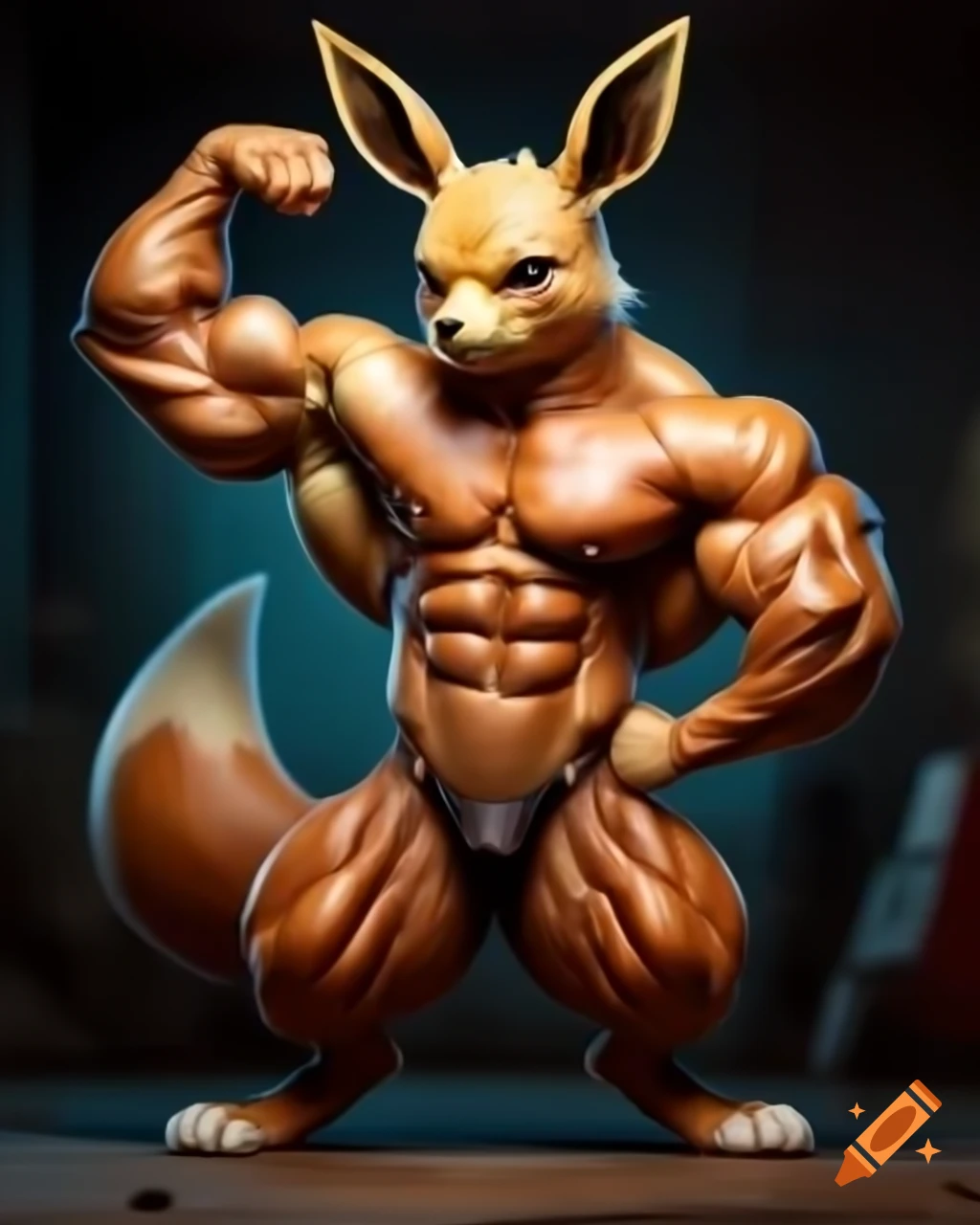 Anthro Eevee bodybuilder flexing muscles in furry art style