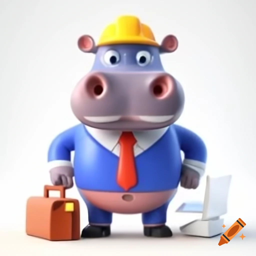 3D cartoon hippo dressed as office worker on white background