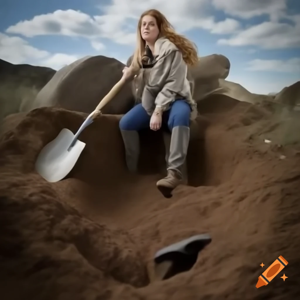 Sara digging around a large rock and uncovering something with her shovel