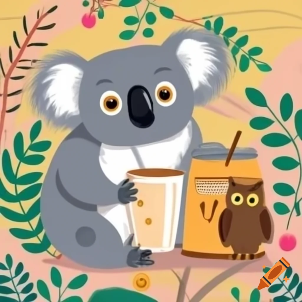 Koala and owl sitting together enjoying coffee