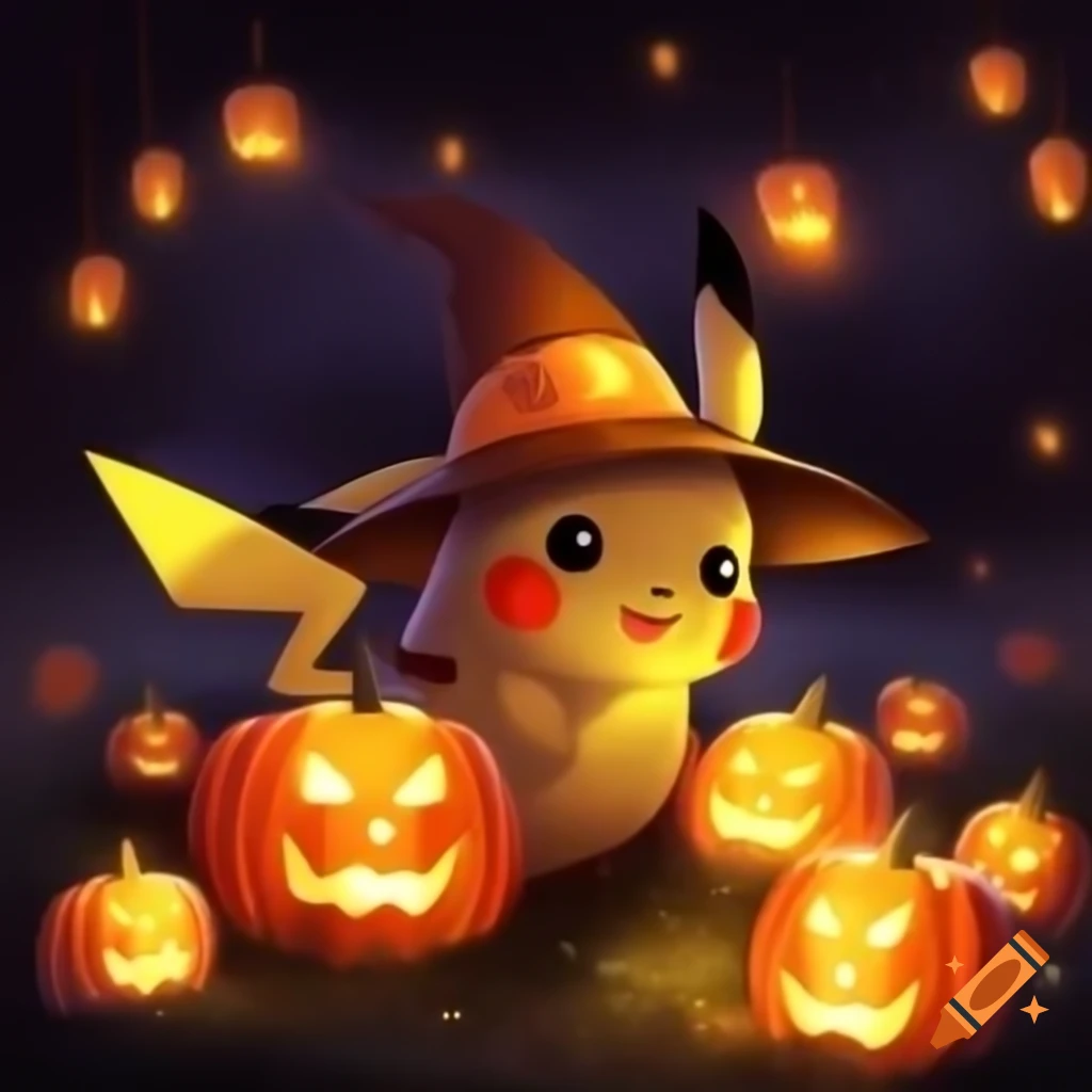 Mischievous Pikachu with orange hat under harvest moon near Jack O'Lanterns