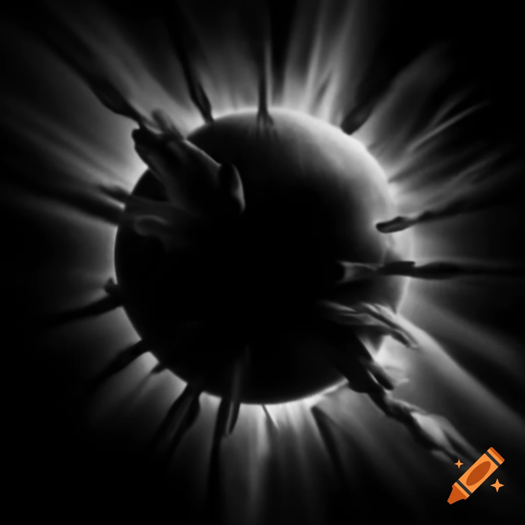Surrealist black and white photograph of planet explosion with black void