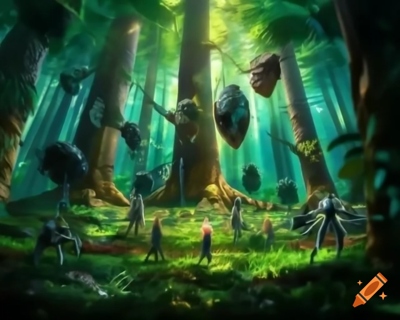 Dense forest with towering trees and vibrant plants reaching for sunlight