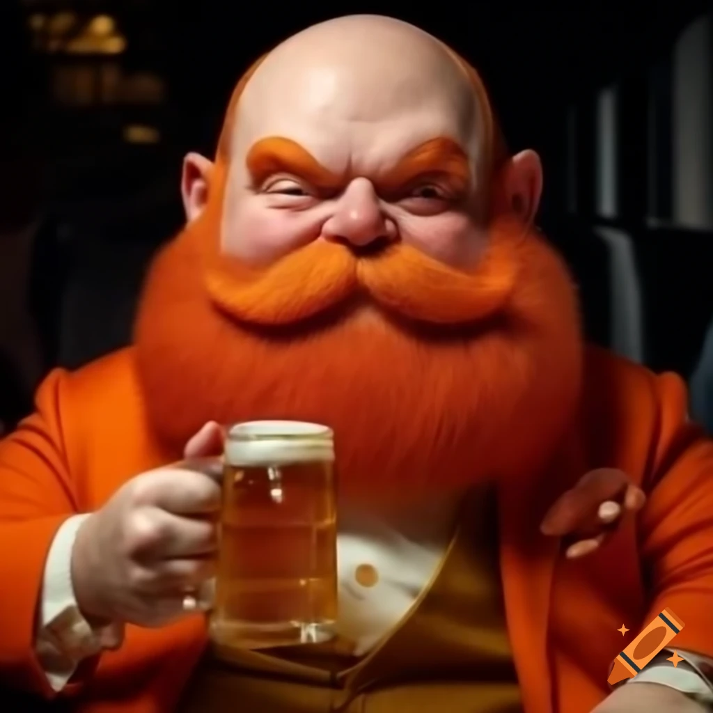 Plump bald man with orange beard in elegant orange suit holding a mug of beer