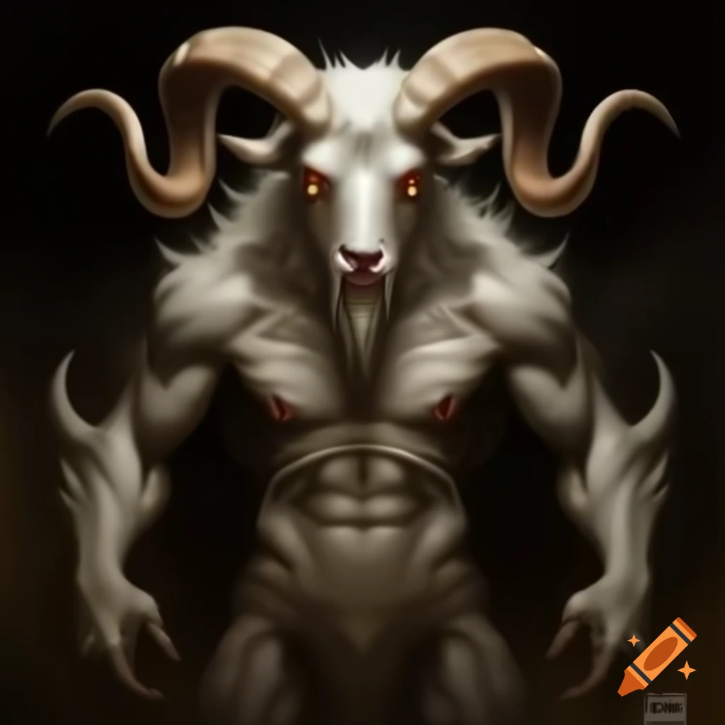 Realistic goat-headed demon with large horns in oil painting