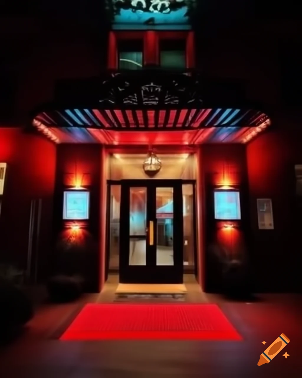Luxury club entrance featuring red and blue flashing lights and do not cross signs at night