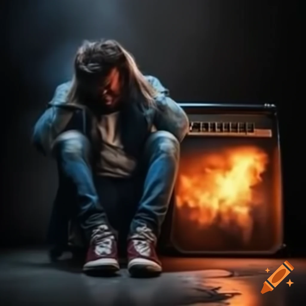 Crying man in jeans jacket seated on curb next to burning guitar amplifier