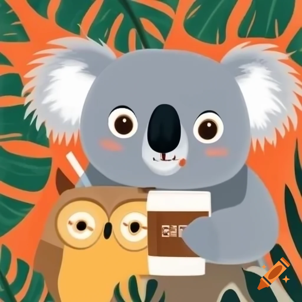 Koala and owl enjoying coffee together