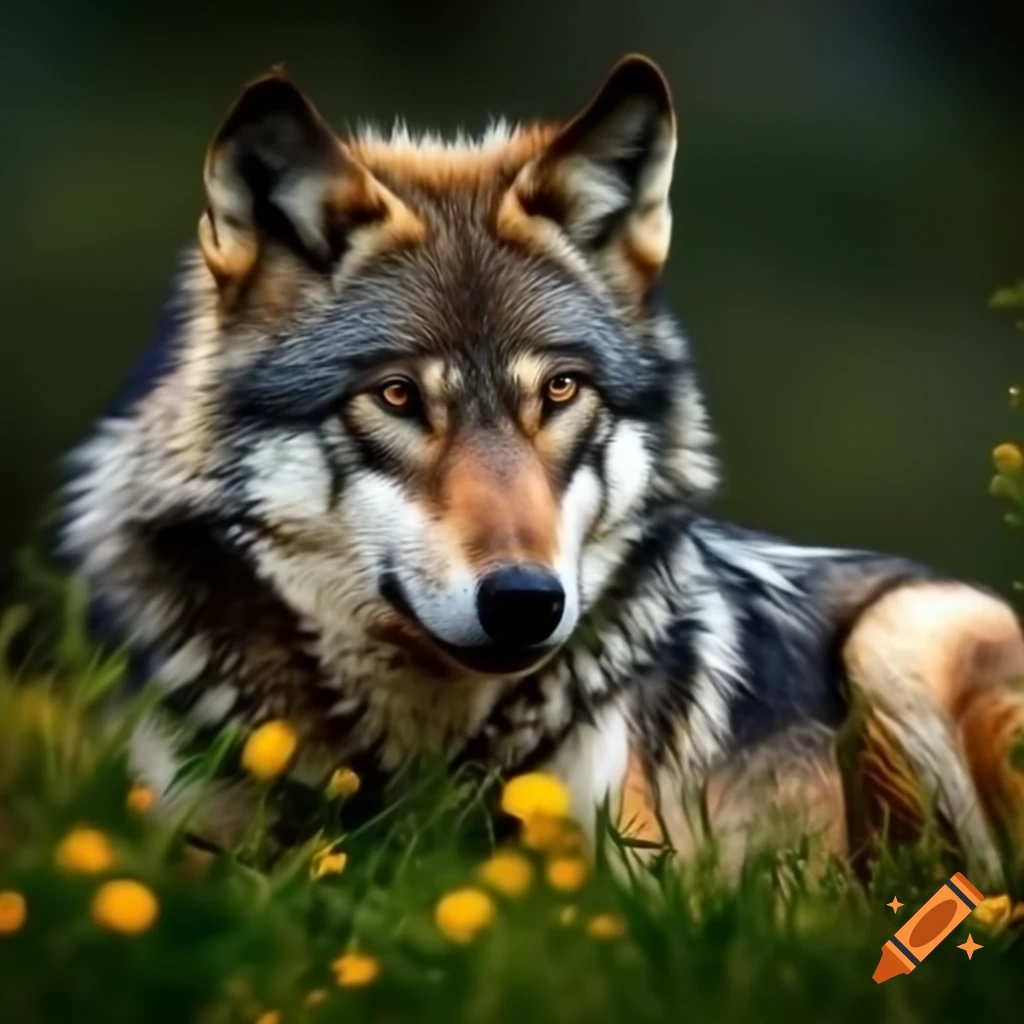 Wolf with dark amber eyes resting in field of wildflowers, colorful render