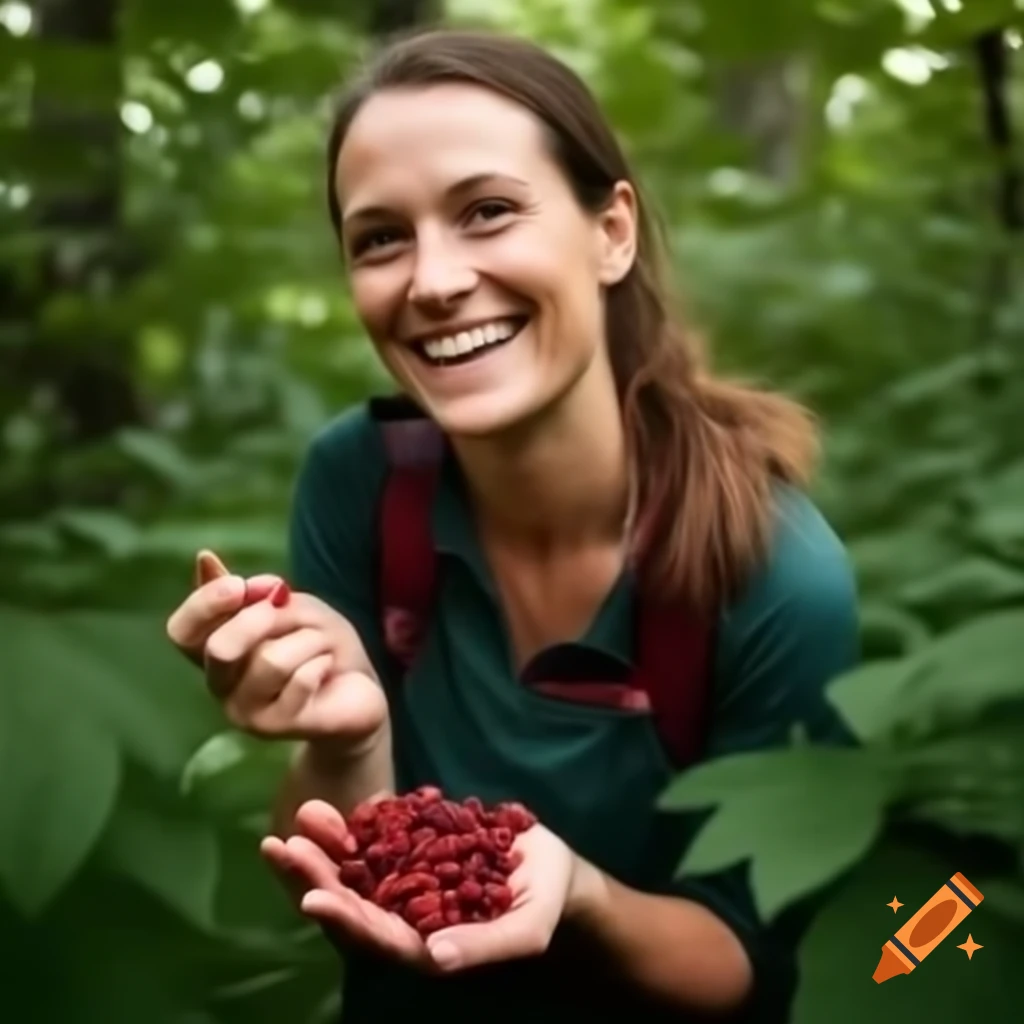 Happy Woman Picking Wildberries In Forest During Daytime On Craiyon