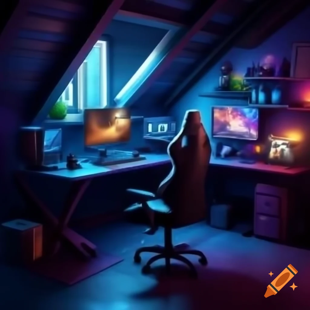 Cozy attic gaming room with various gaming setups