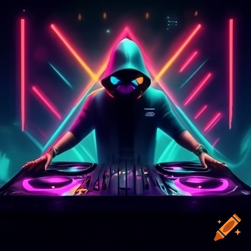 Vibrant DJ party flyer featuring futuristic abstract logo and neon colors