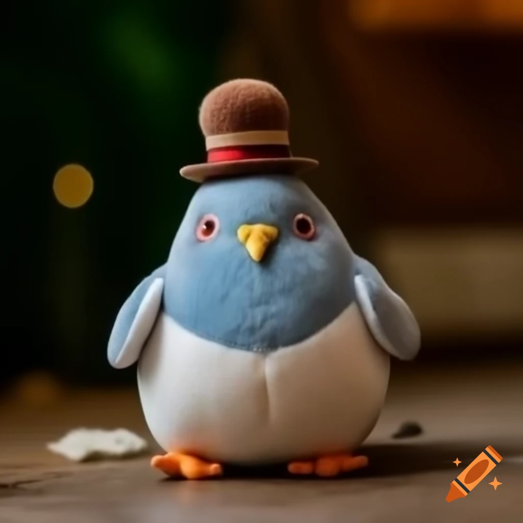 Plushy pigeon adorned with a top hat