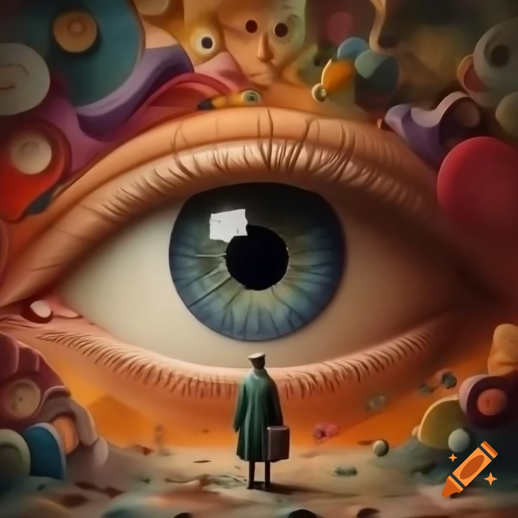Surreal illustration of a large eye in a collage style
