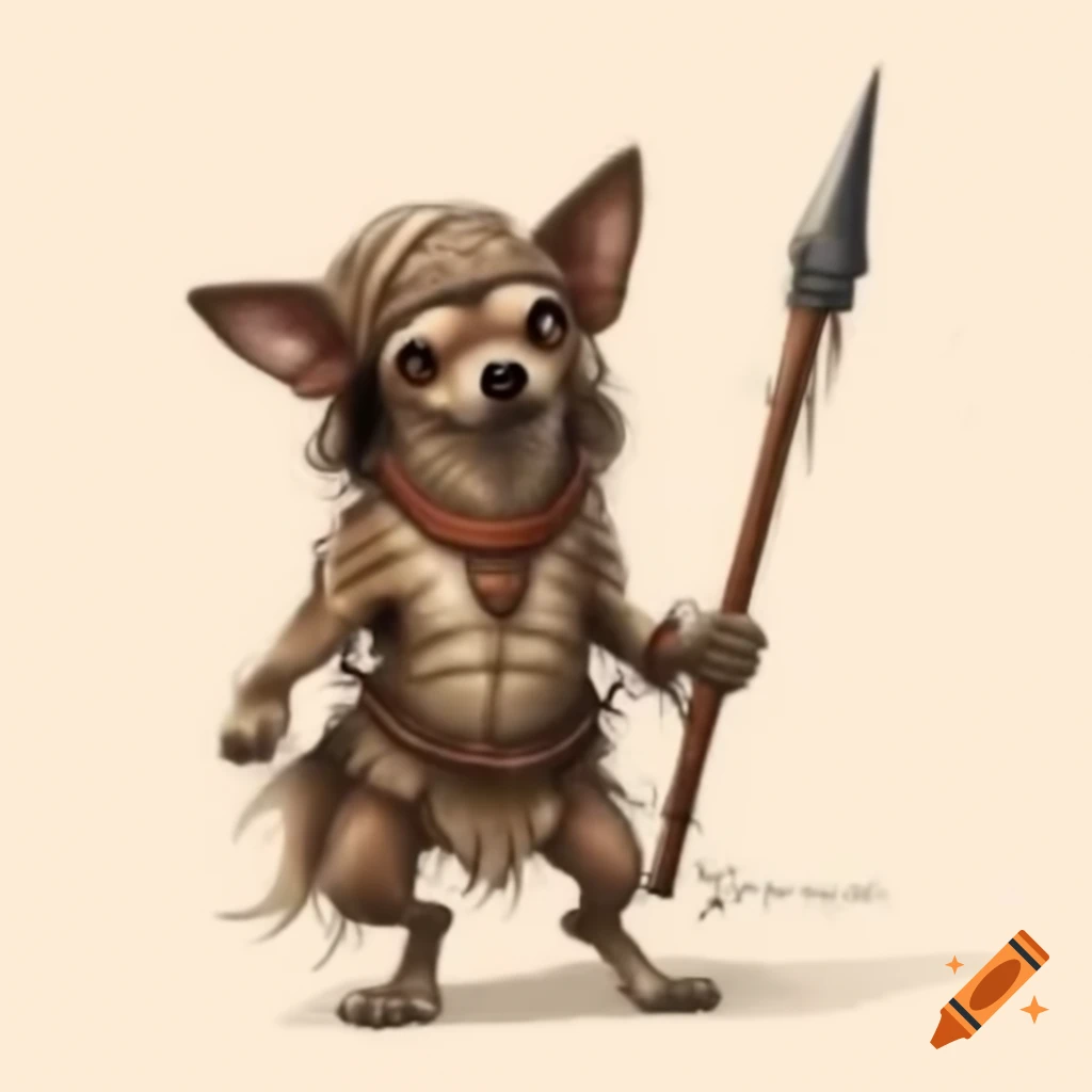 Hyper realistic anthropomorphic chihuahua in tribal clothing wielding spear in Simon Bisley art style