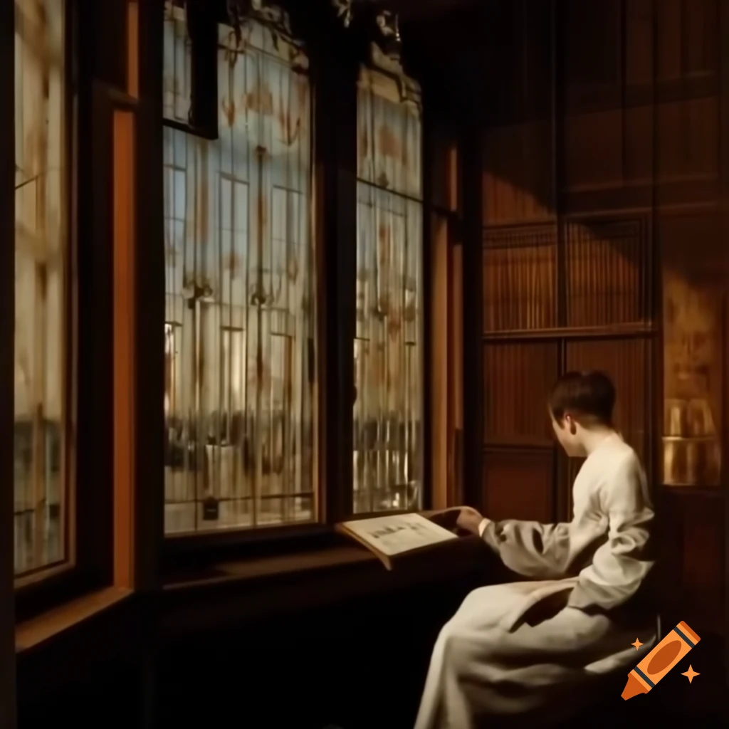 Renaissance artist contemplating by window overlooking bustling city