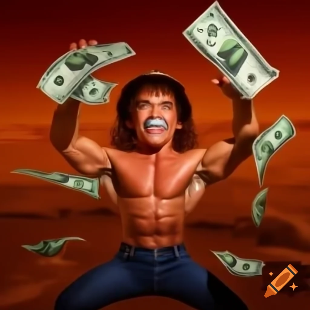 Young Arnold Schwarzenegger tossing cash in Martian landscape celebrating Total Recall success