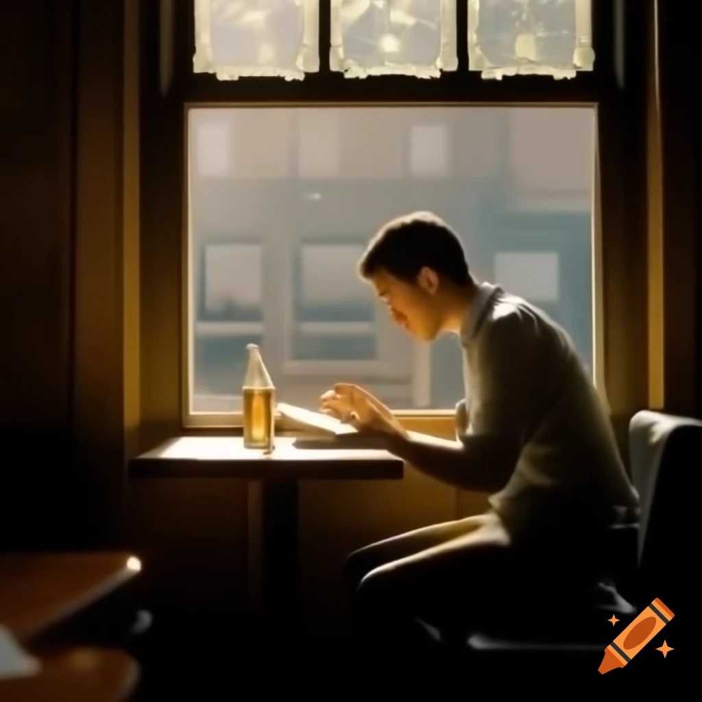 Man reading a book at a bar with sunlight streaming through the window