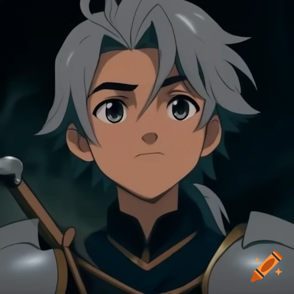 Young medieval knight with gray hair in anime art style