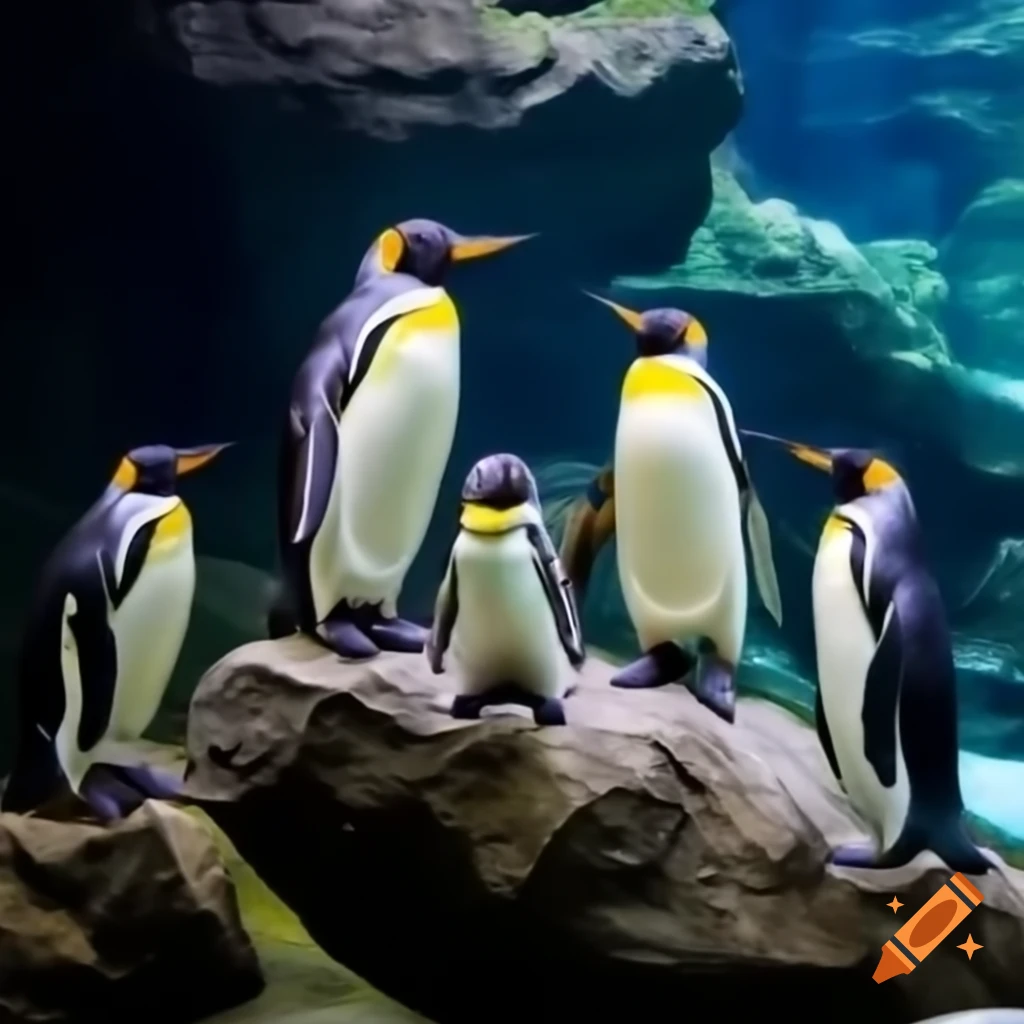 Six penguins on rugged rock with two interacting, two people observing from aquarium
