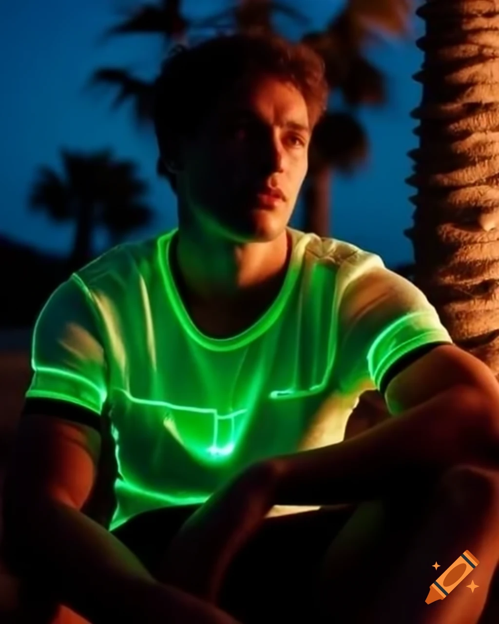 Close up of man in LED luminous shirt sitting under palm tree
