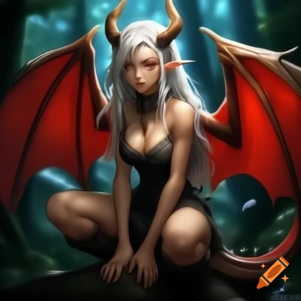 Anime dragon woman with white horns and red wings in fantasy forest