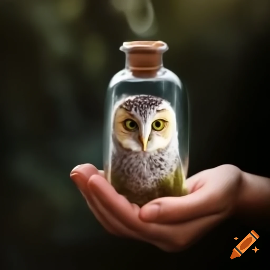 Enchanted owl-shaped glass vial potion with a mystical charm