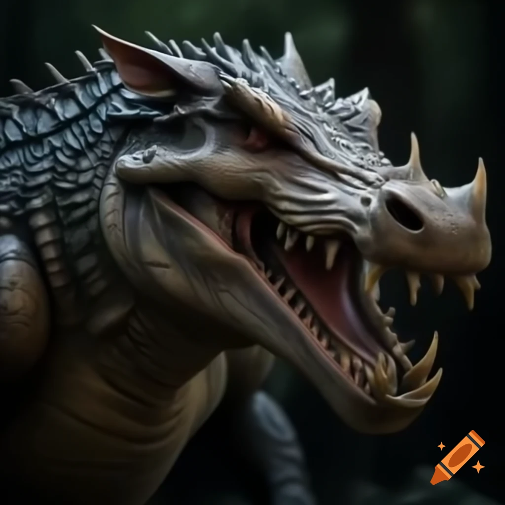 Hyper-realistic wild boar-croc fantasy creature with prominent tusks