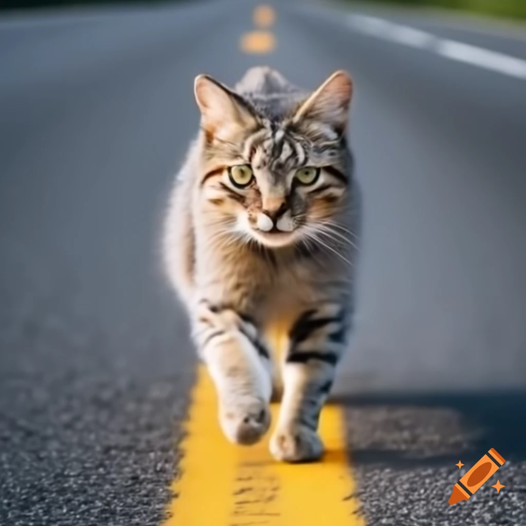 Cat walking calmly on highway