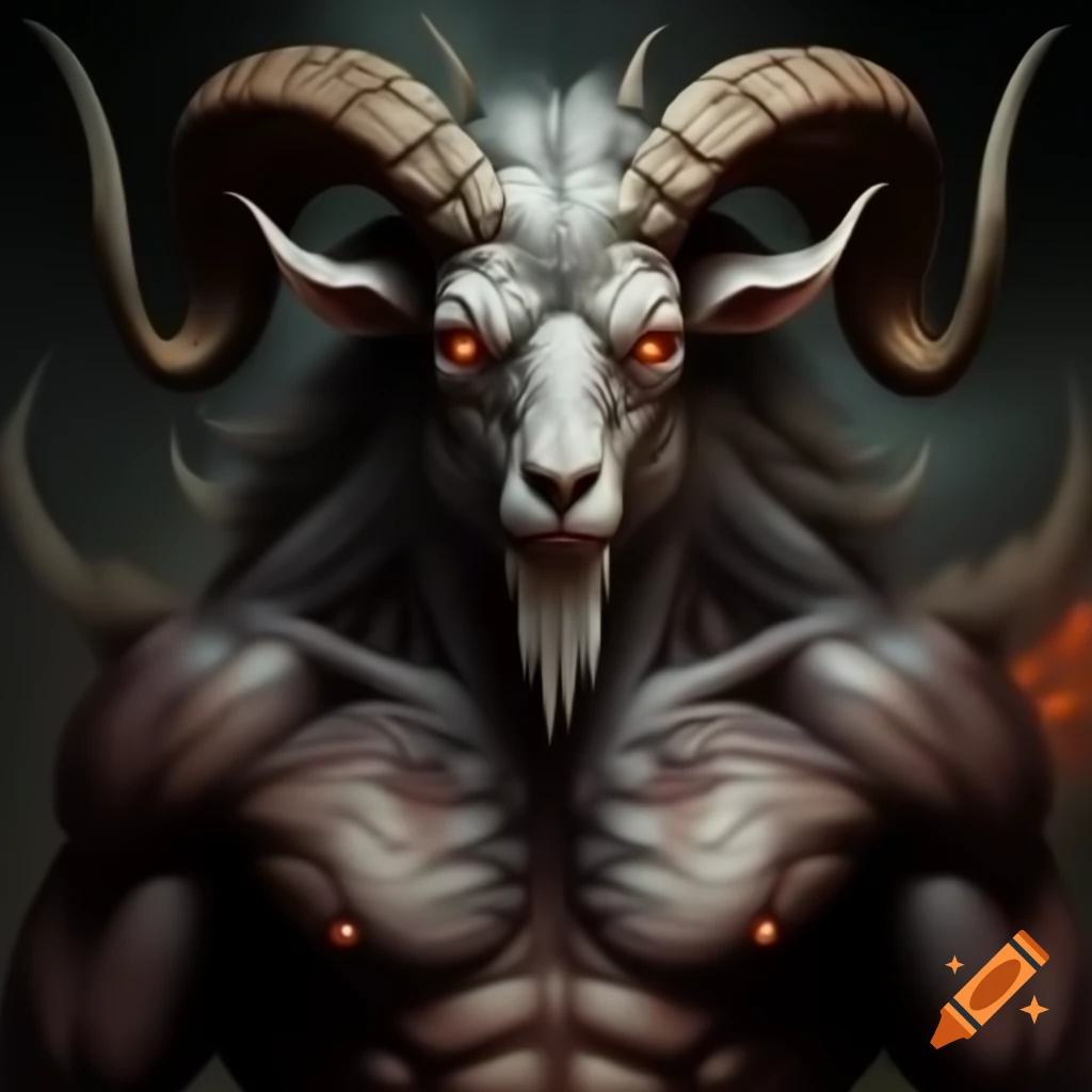 Realistic oil painting of a goat-headed demon with large horns