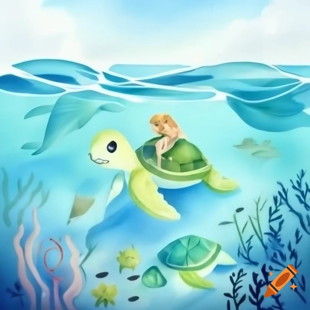 Underwater world with shy turtle named Tori resting near shore