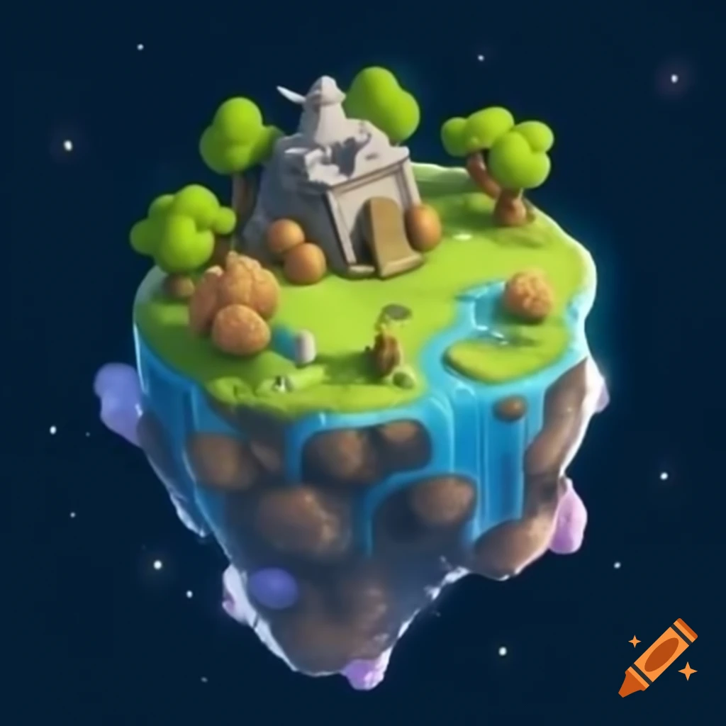 Island filled with flowers, trees, and animals floating in a fantastic universe