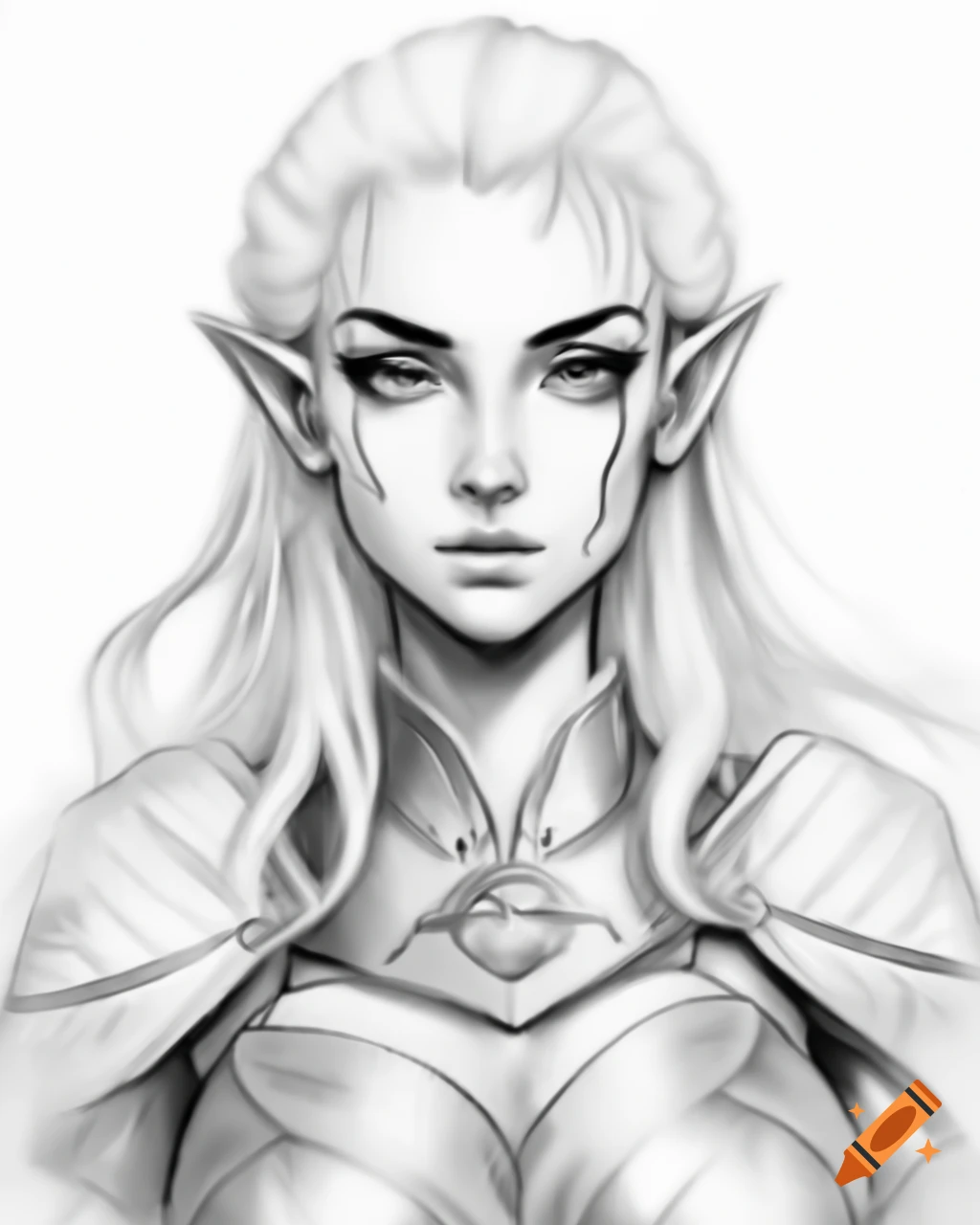 Full body female elf warrior character with white hair from anime