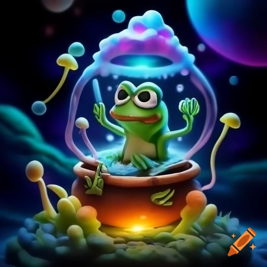 Pepe the frog in a psychedelic cauldron with vibrant mushrooms and cosmic elements
