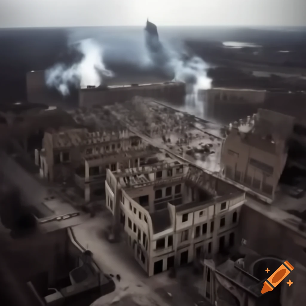 Aerial view of Stalingrad during World War II showing urban devastation