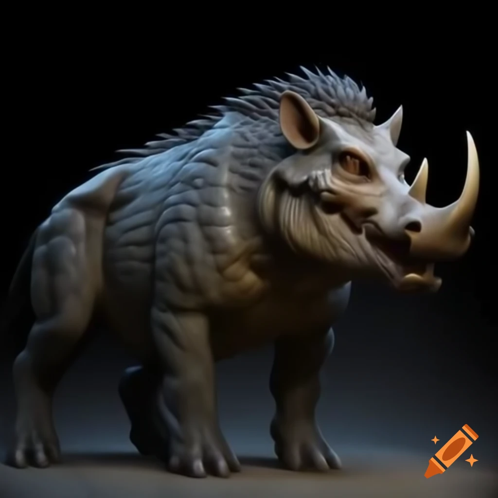 Hyper realistic wild boar-croc creature with tusks and fur