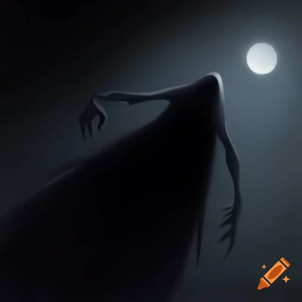 Malevolent shadow entity backlit by moonlight on gray wall
