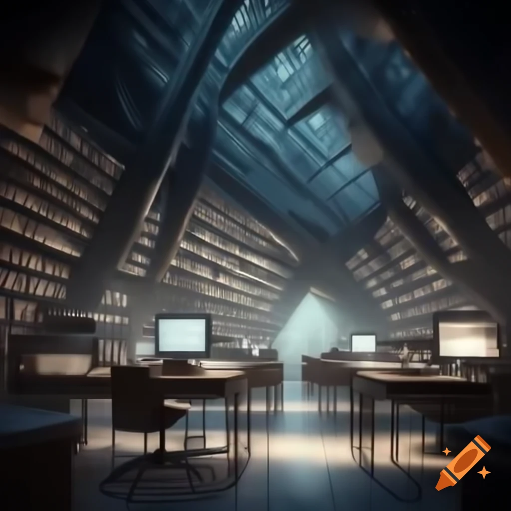 Futuristic library with high bookshelves and floating room featuring glowing monitors
