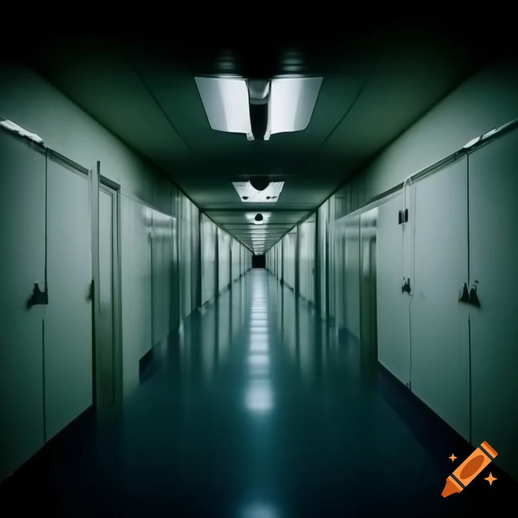 Long sterile hallway with fluorescent lighting and immaculate walls