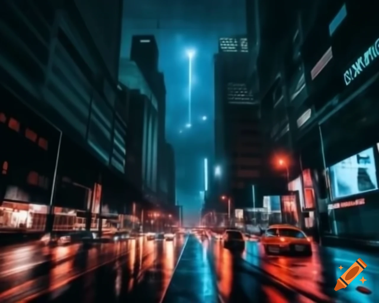 Cinematic night cityscape with neon lights and towering skyscrapers